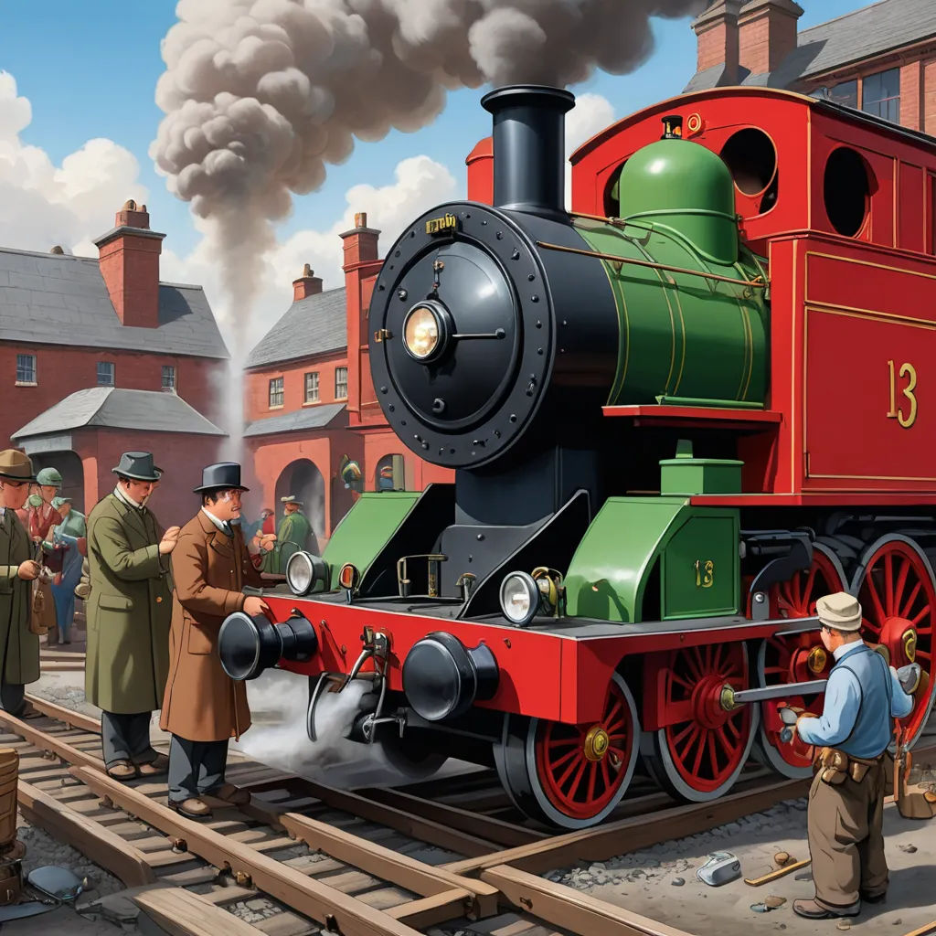 a painting of a train engine with men standing around it and a train engine with smoke coming out of it, fantastic realism, a detailed matte painting, Charles Ginner, highly detailed digital painting
