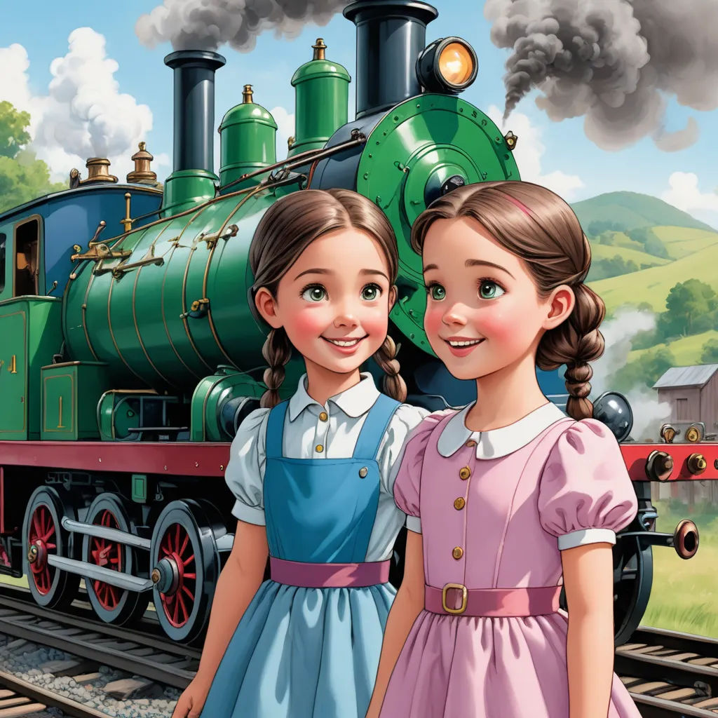 a painting of two girls standing next to a train engine and a train car in the background, with smoke billowing from the stacks, fantastic realism, a storybook illustration, Bob Byerley, official art