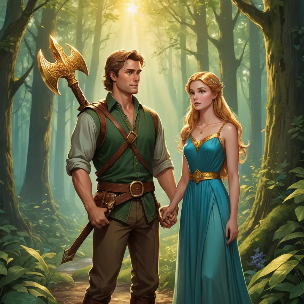 a man and a woman holding hands in a forest with a sword and a sword in their hand,, fantasy art, a storybook illustration, Edwin Georgi, rossdraws global illumination
