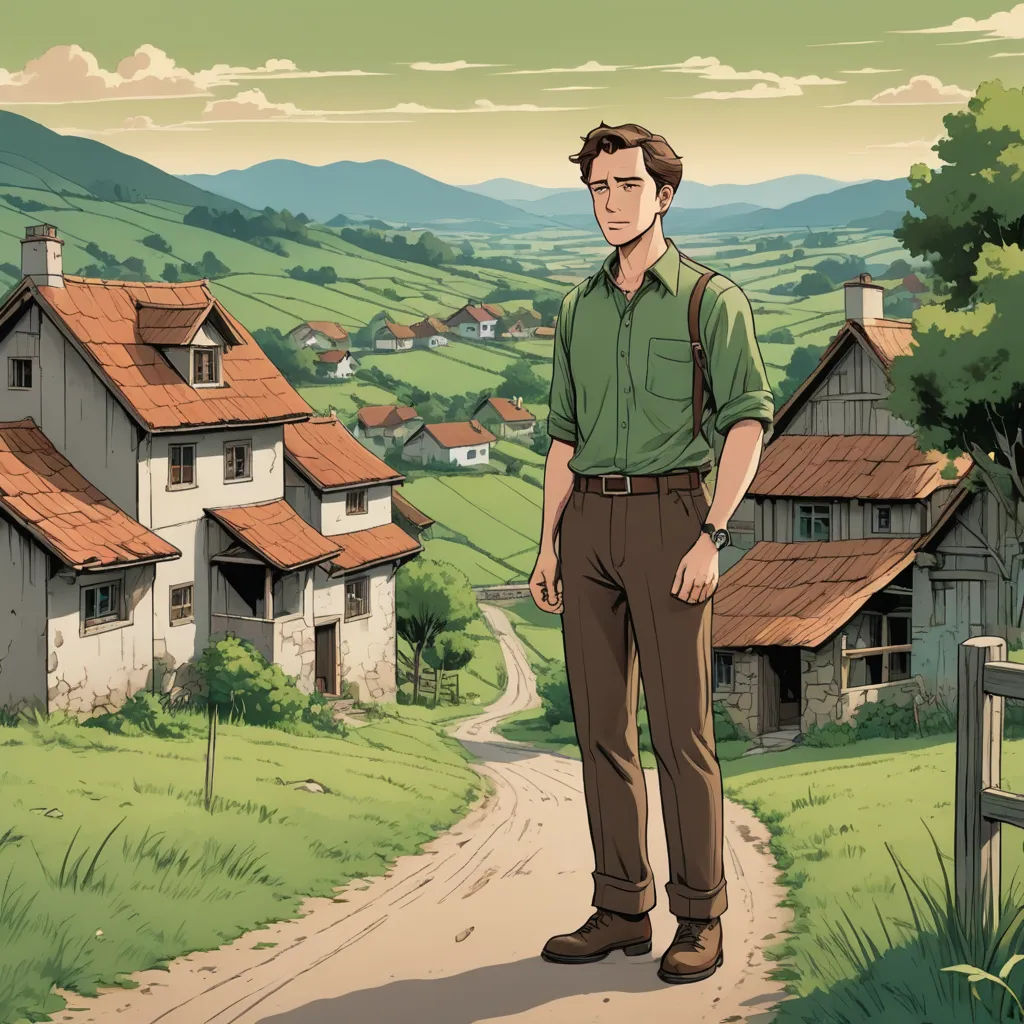 a man standing on a road in front of a rural village with a road leading to a house with a red roof, synthetism, a character portrait, Cedric Seaut (Keos Masons), official art