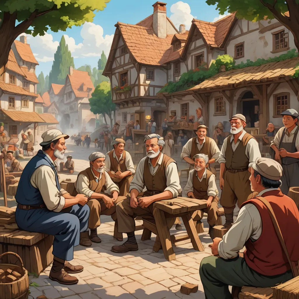 a painting of a group of men sitting around a table in a village setting with a man standing in front of them, american scene painting, a detailed matte painting, Brothers Hildebrandt, storybook illustration