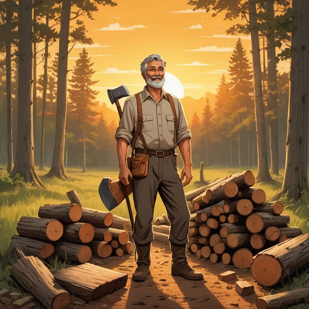 a man with a shovel and a pick axe standing in a forest with logs and a sunset in the background, sots art, a character portrait, Dan Mumford, game art