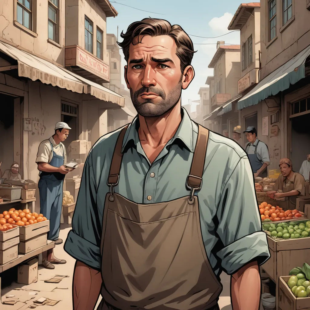 a man in an apron standing in front of a fruit stand with a man in the background looking at the camera, new objectivity, a character portrait, Asaf Hanuka, western comic book art