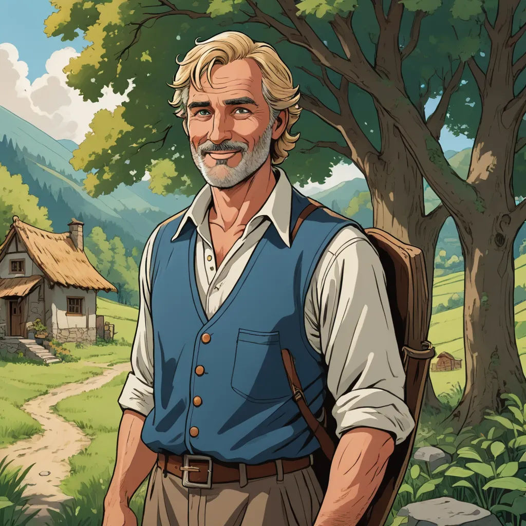 a man with a beard and a beard in a blue vest stands in front of a tree and a house, socialist realism, a character portrait, Arnold Brügger, official art