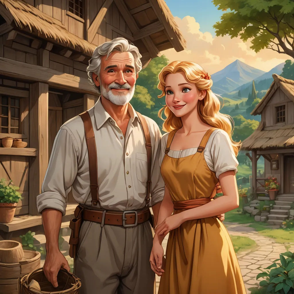 a man and a woman standing next to each other in front of a house with a garden and a well, american scene painting, a storybook illustration, disney, official art