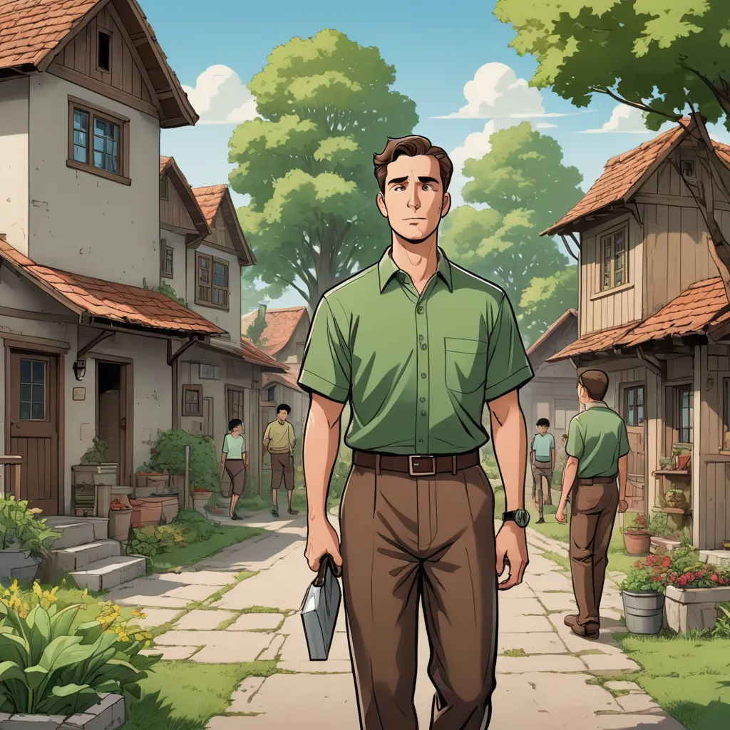 a man in a green shirt is walking down a street with a bag in his hand and a man in a green shirt is walking down the street, socialist realism, a character portrait, Cedric Seaut (Keos Masons), official art
