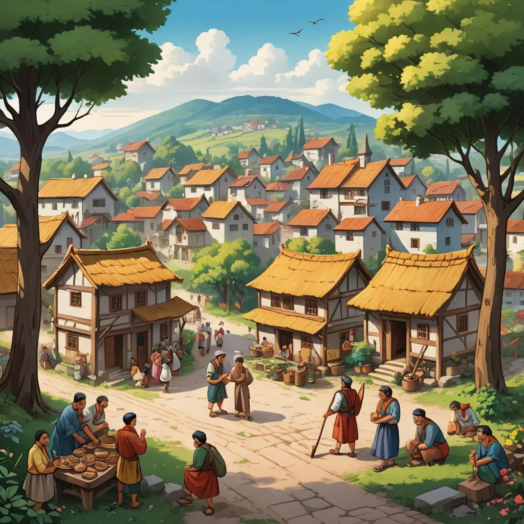 a painting of a village with people and a dog on the street and a man on a scooter, american scene painting, a detailed matte painting, Christophe Vacher, city background