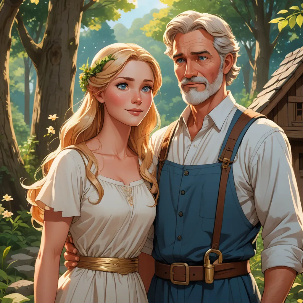 a man and a woman standing next to each other in a forest with a birdhouse in the background, fantasy art, a storybook illustration, Brothers Hildebrandt, rossdraws global illumination