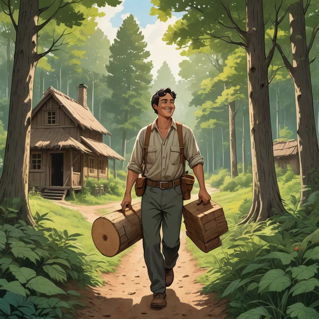 a man carrying two large logs down a forest path in front of a cabin in the woods with a cabin in the background, american scene painting, a storybook illustration, Edward Otho Cresap Ord, II, official art