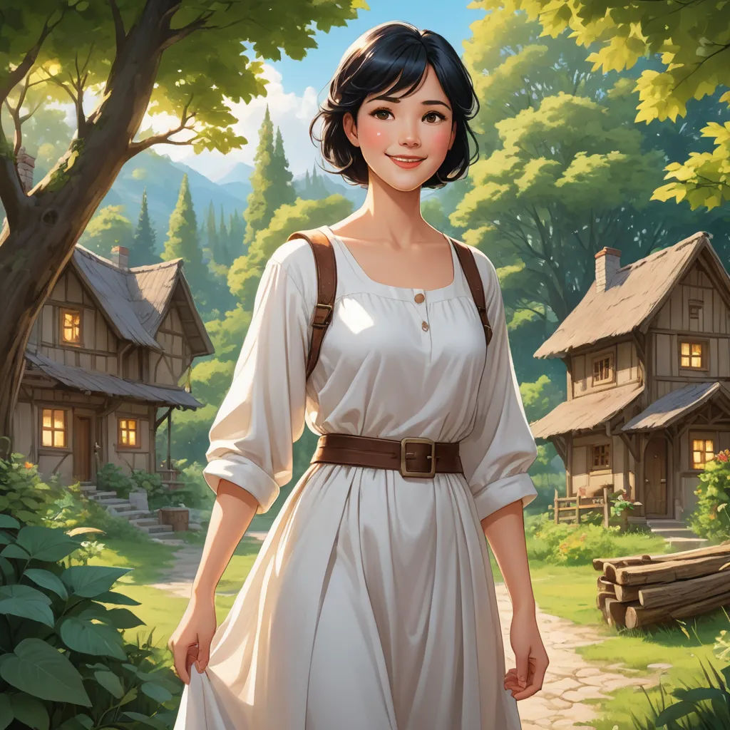 a woman in a white dress standing in front of a forest with a house on it's side, fantasy art, a character portrait, Clint Cearley, kinkade