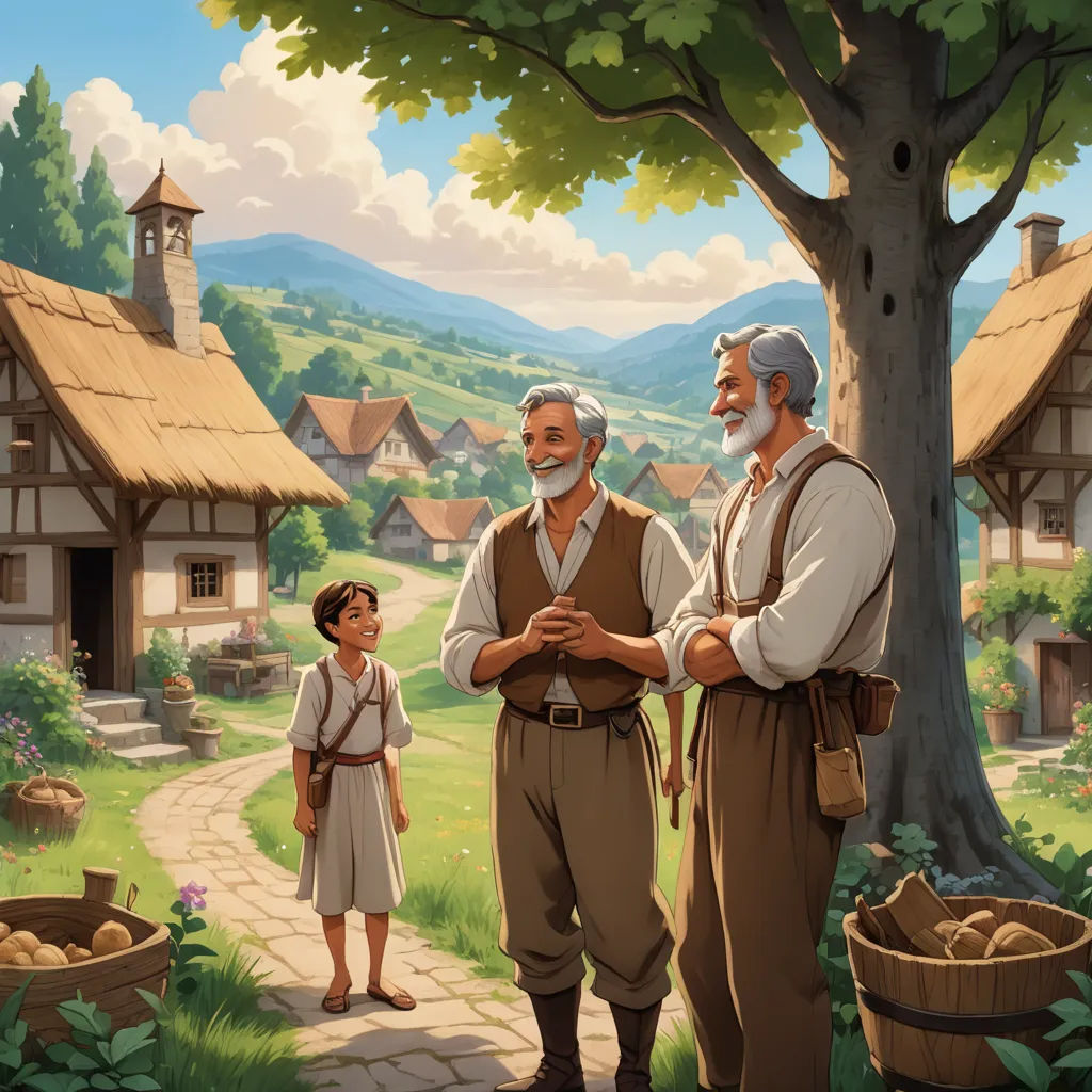 a painting of a man and two children standing in front of a village with a tree and a man with a beard, american scene painting, a storybook illustration, Brothers Hildebrandt, storybook illustration