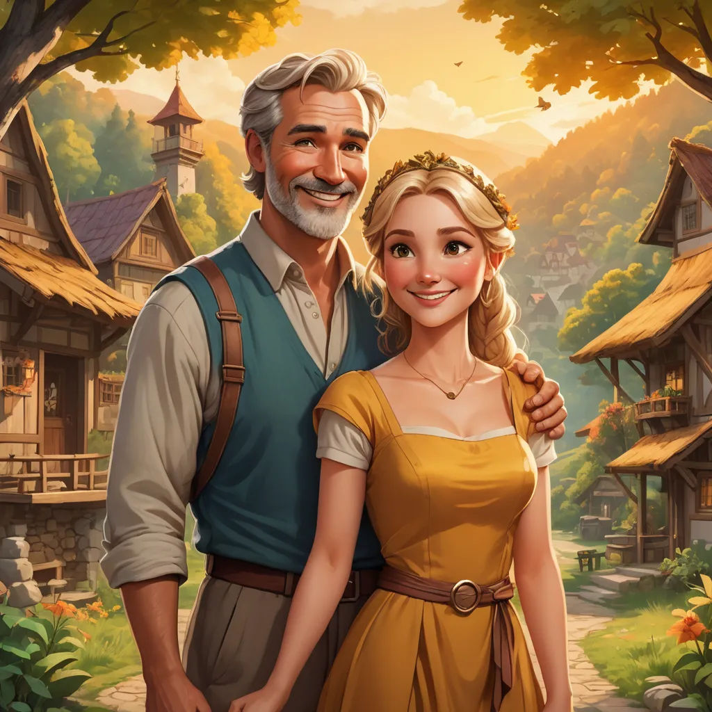 a man and a woman standing next to each other in front of a forest and a house with a forest background, sots art, a storybook illustration, disney, official art