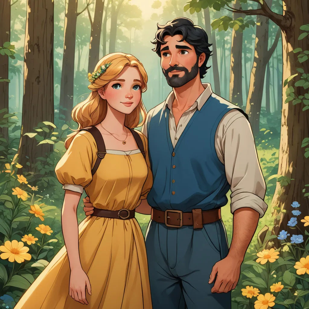 a man and a woman standing in a forest with flowers on the ground and trees in the background, with a man in a blue shirt and yellow dress, serial art, a storybook illustration, disney, official art