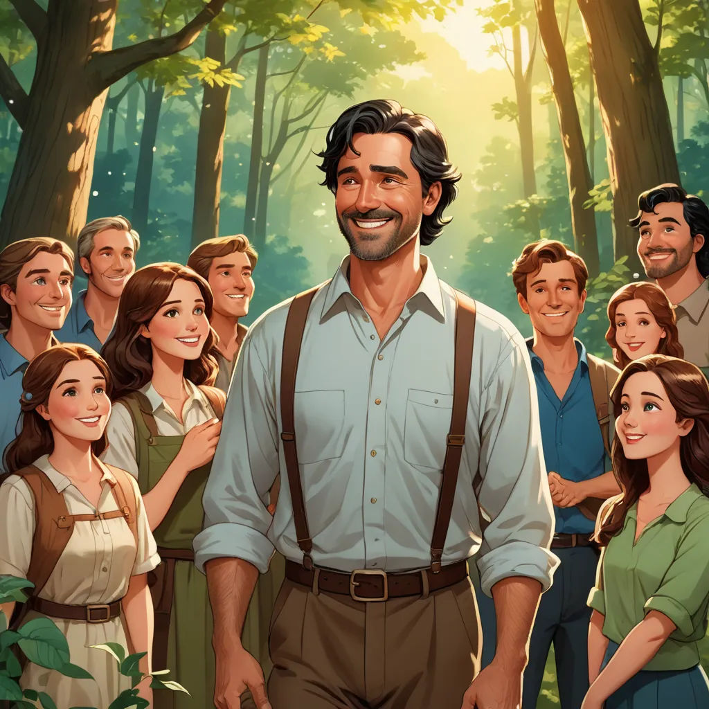 a man standing in front of a group of people in a forest with a forest background and a man with a beard, socialist realism, a storybook illustration, Brothers Hildebrandt, kinkade