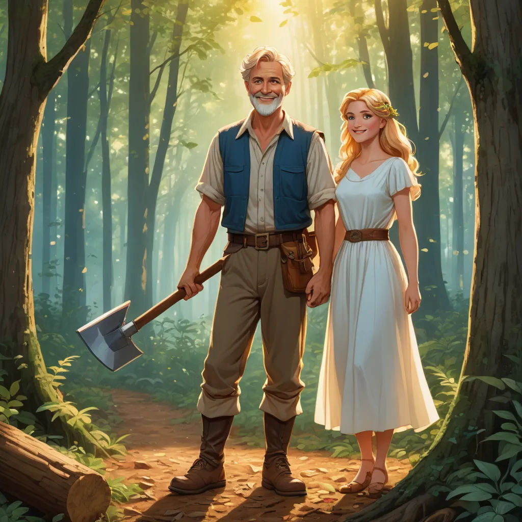a man and a woman standing in a forest holding an axe and a shovel in their hands, with the man holding a shovel, american romanticism, a storybook illustration, Drew Struzan, official art