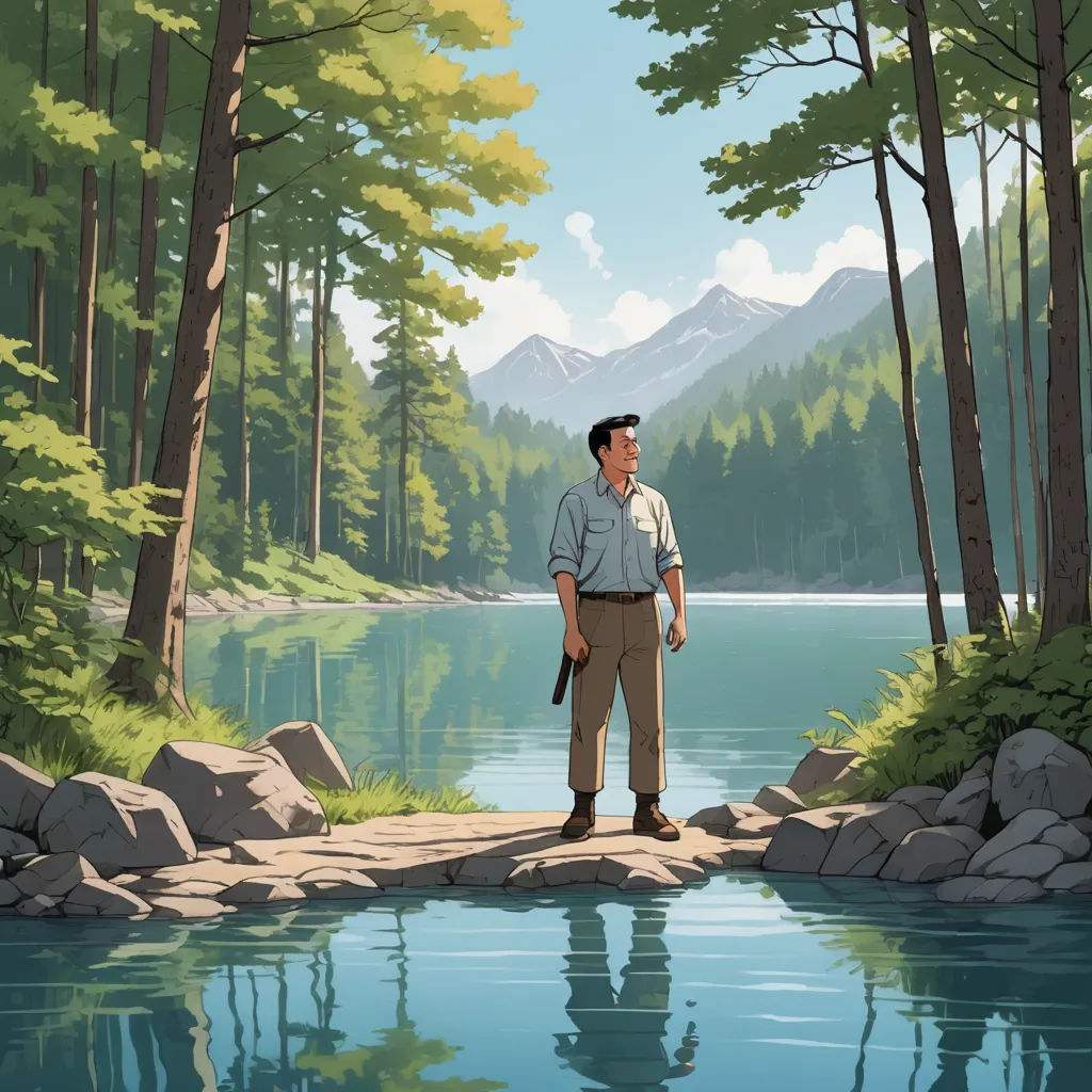a man standing on a rock in front of a lake with a gun in his hand and a mountain in the background, naturalism, poster art, A. J. Casson, promotional image