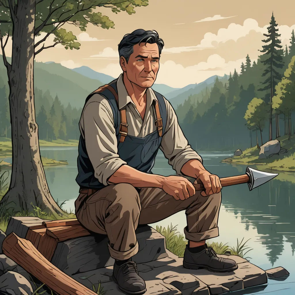 a man sitting on a rock with a pick axe in his hand and a river in the background with trees, american realism, a character portrait, Dan Scott, character portrait