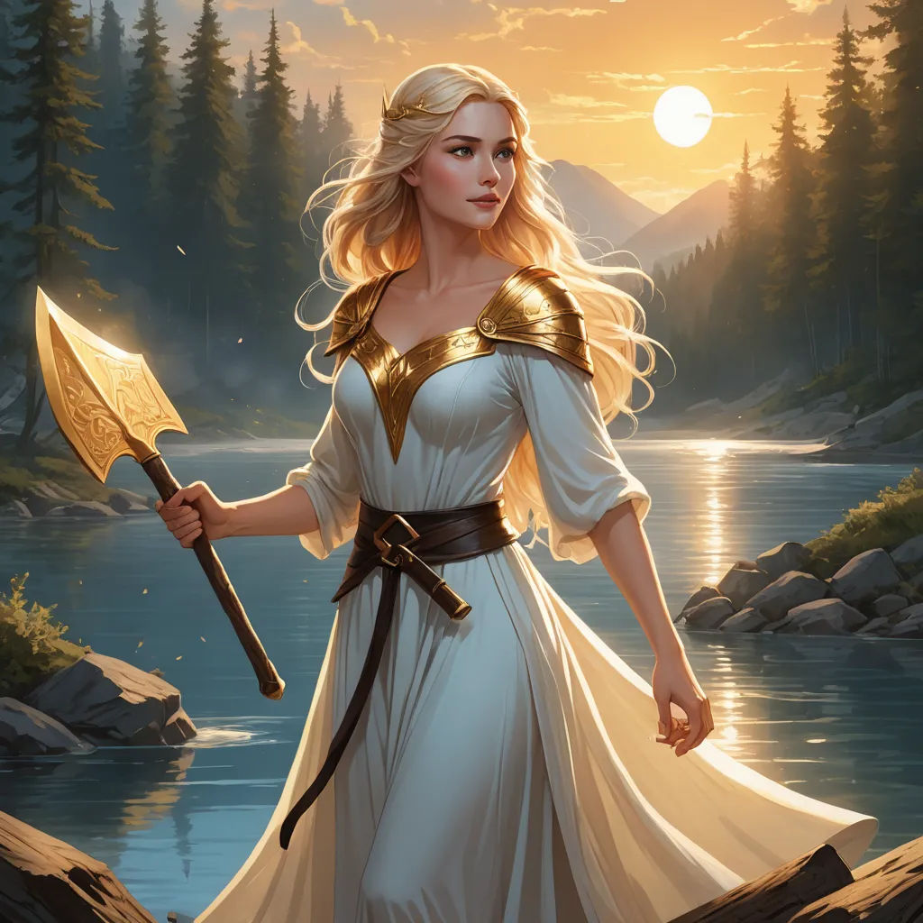 a woman in a white dress holding a large axe and a sword in her hand, standing on a rock, fantasy art, a character portrait, Christophe Vacher, magic the gathering artwork