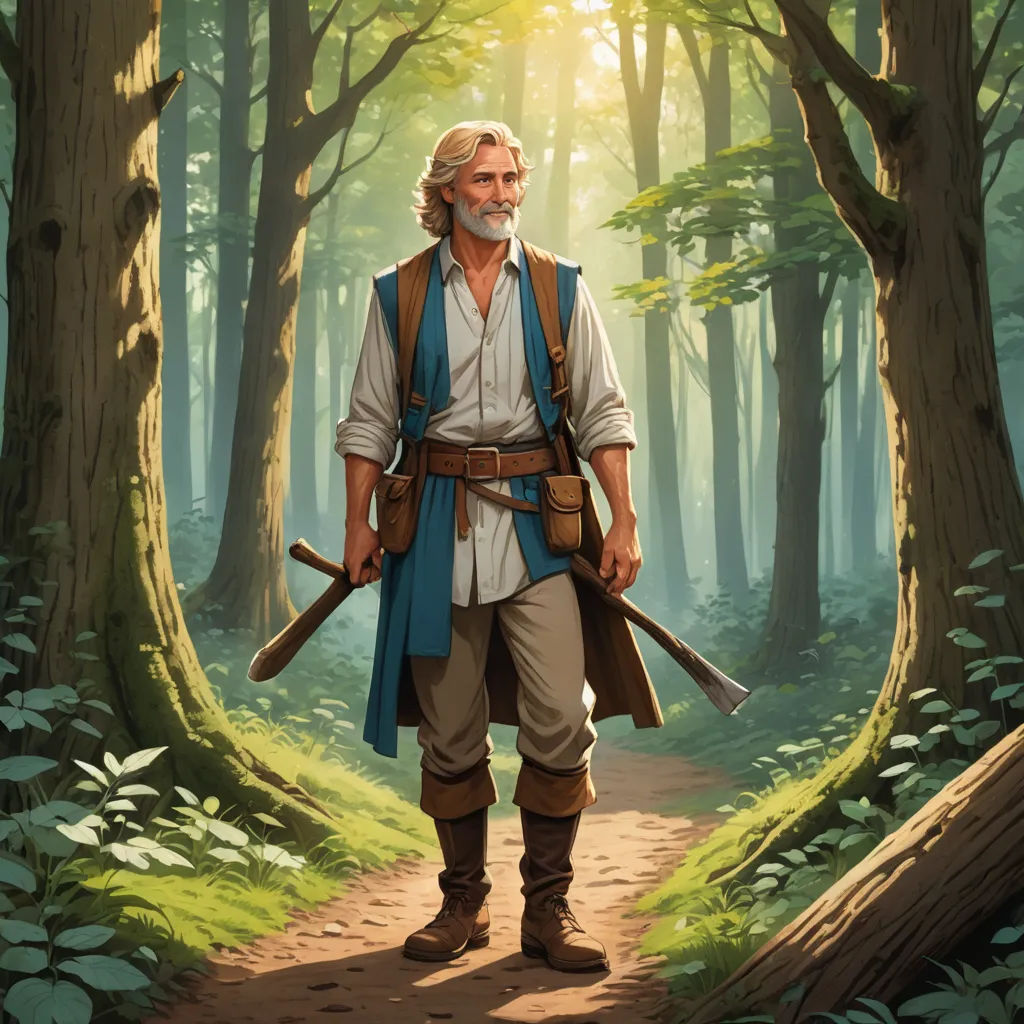 a painting of a man in a forest with two arrows in his hand and a sword in his other hand, fantasy art, a character portrait, Christophe Vacher, epic fantasy character art