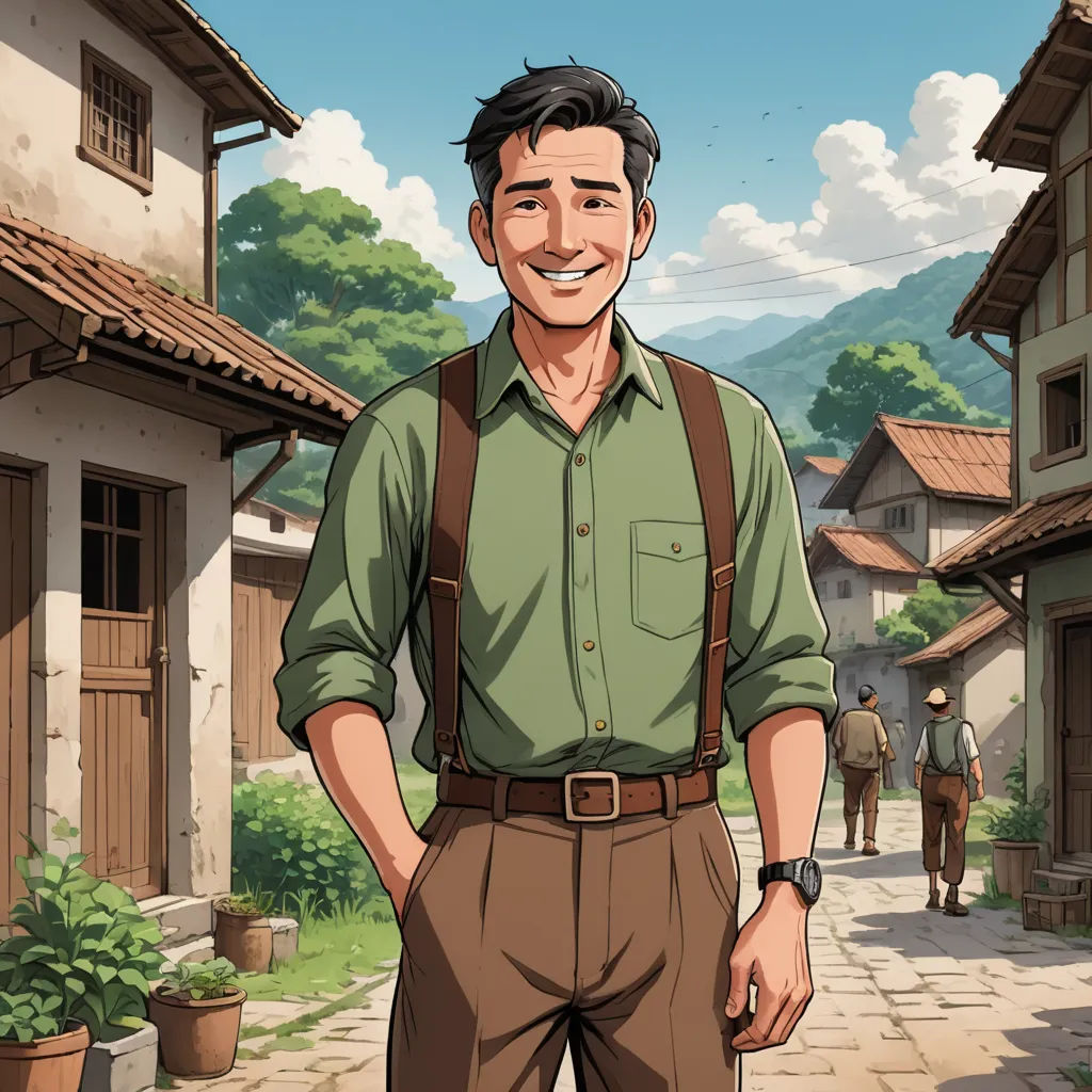 a man standing in front of a village with a backpack on his back and a man in a green shirt and brown pants, serial art, a character portrait, Cedric Seaut (Keos Masons), official art