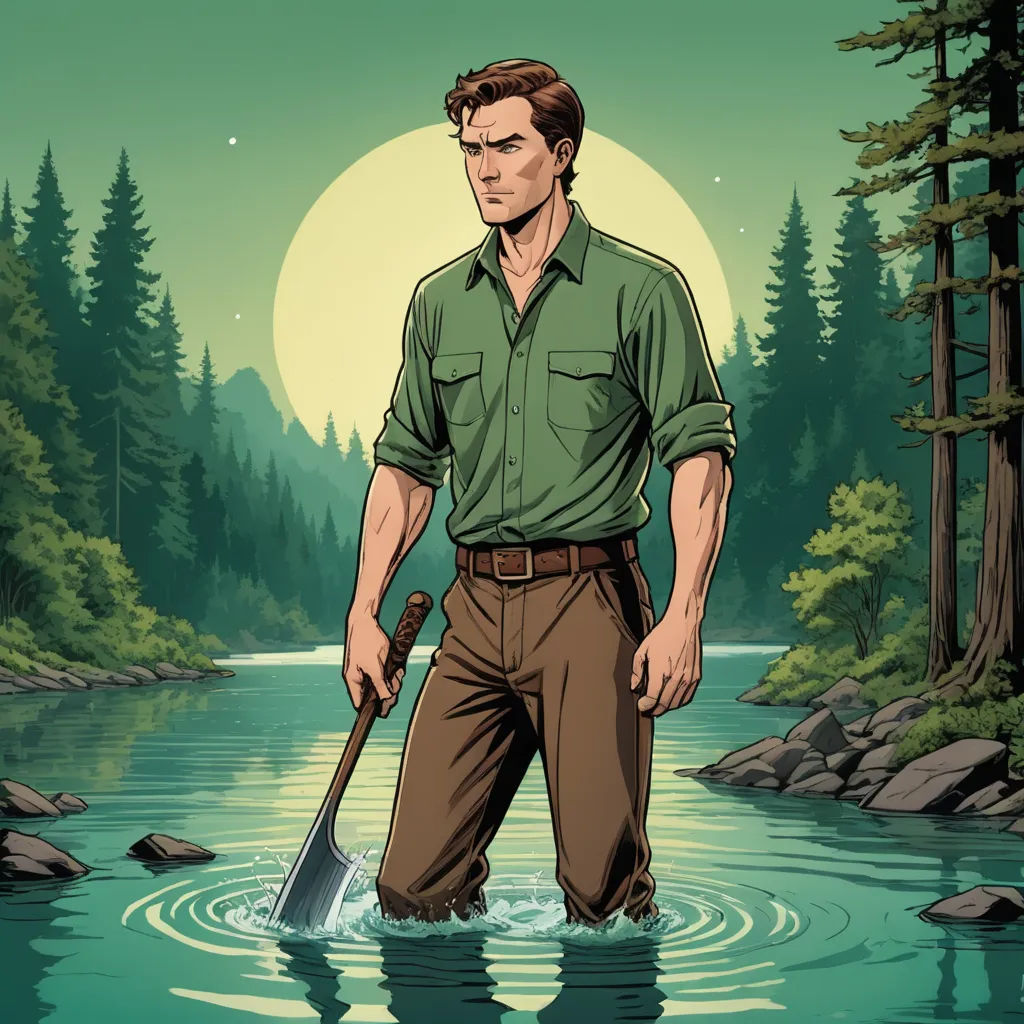a man standing in a river holding a shovel and a shovel in his hand, with a full moon in the background, naturalism, a comic book panel, Clark Voorhees, western comic book art