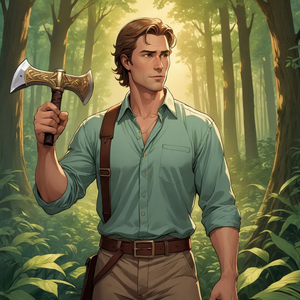 a man holding a large axe in a forest with trees and plants behind him, in a green shirt, fantasy art, a character portrait, Cedric Seaut (Keos Masons), kinkade