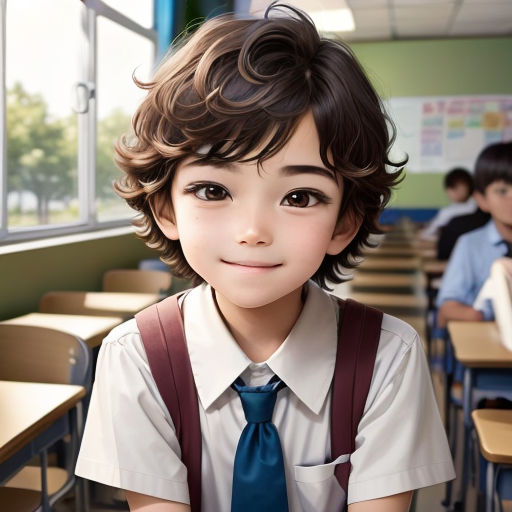 a young boy wearing a tie and a school uniform in a classroom with other children in the background and a window