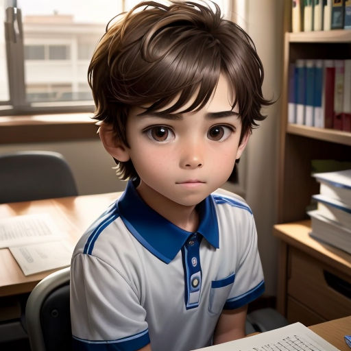 a young boy sitting at a desk with a book in front of him and a book on the desk