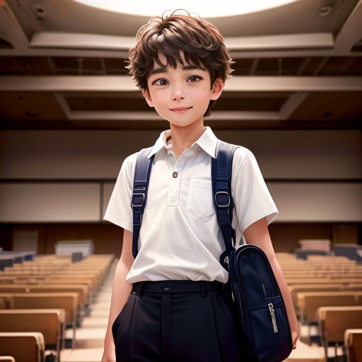 a boy in a white shirt and black pants with a backpack in a lecture hall with rows of chairs