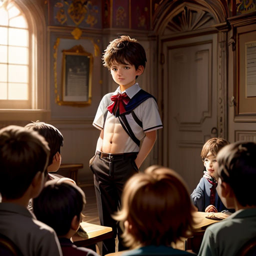 a boy in a school uniform standing in front of a group of children in a classroom with a teacher
