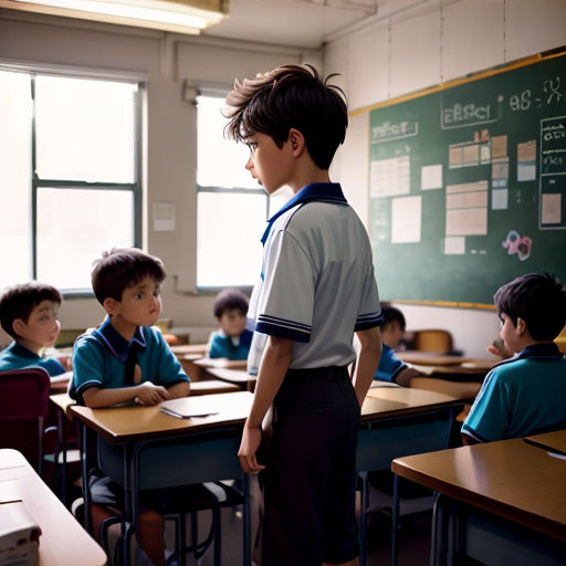 a boy standing in front of a classroom full of desks with a chalkboard on the wall behind him