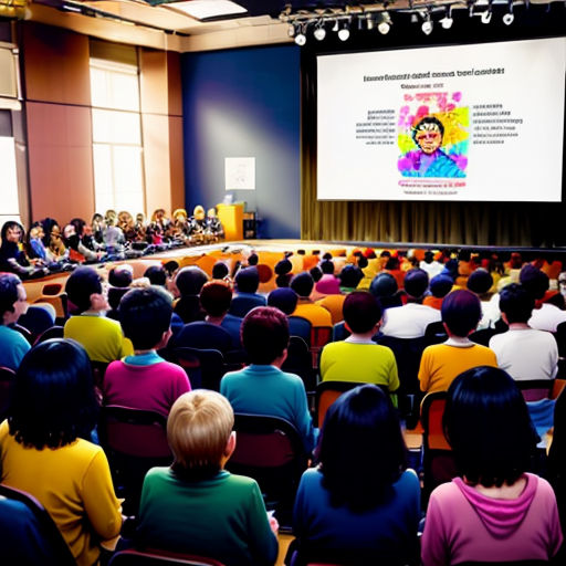 a large group of people sitting in front of a screen in a room with a projector screen on the wall