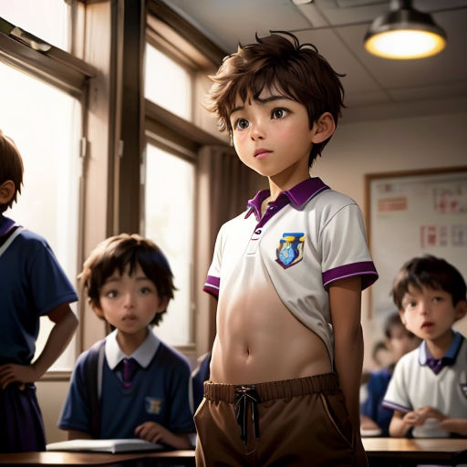 a group of children standing in a classroom with a boy in a polo shirt and shorts on his lap