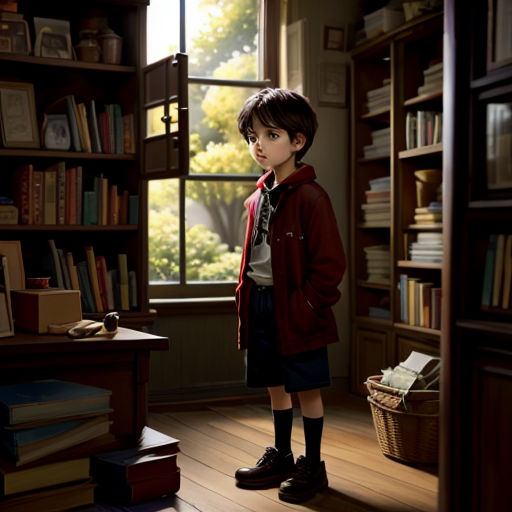 a young boy standing in a room with a book shelf and a window in the background, with a basket of books on the floor