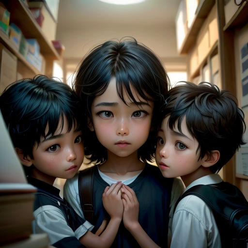 three children standing in a hallway with their hands together and looking at the camera with a smile on their face