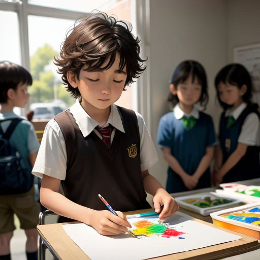 a group of children standing around a table with a book and paintbrushes on it and a boy in a school uniform