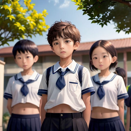 a group of young children standing next to each other in uniforms with ties on them and a tree in the background