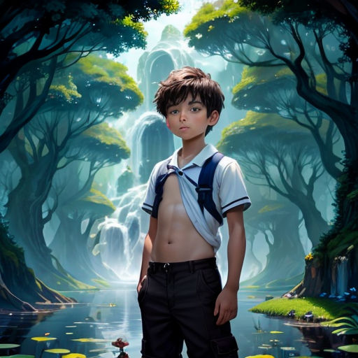 a boy standing in front of a waterfall in a forest with lily pads on the ground and a waterfall in the background