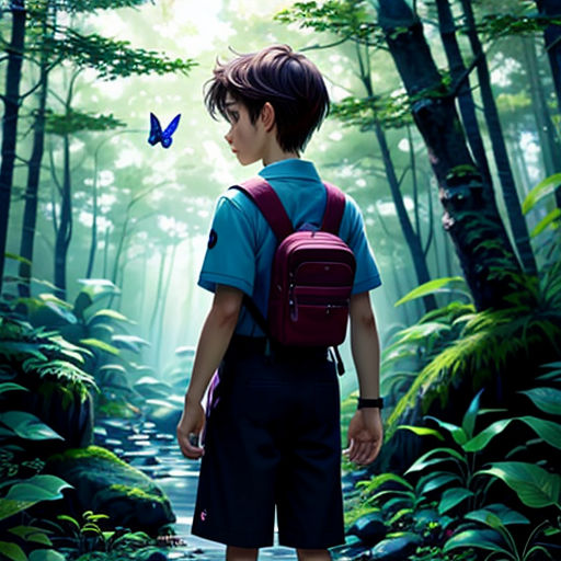 a boy with a backpack is standing in the woods looking at a butterfly flying overhead in the air above him