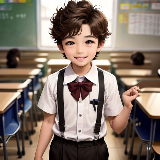 a young boy wearing a bow tie and suspenders in a classroom with desks and chairs in the background