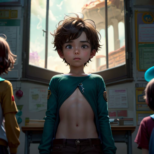 a young boy standing in front of a window with other children looking on in the background, in a classroom