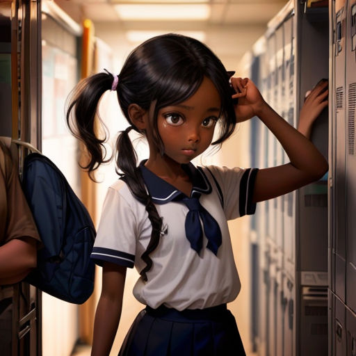 a young girl standing next to a locker in a hallway with a backpack on her shoulder and a backpack on her shoulder