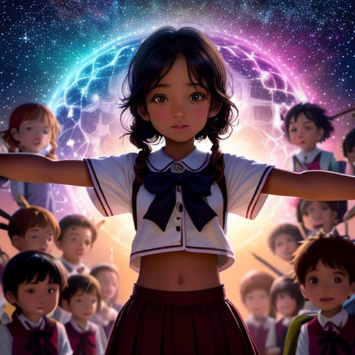 a girl in a school uniform standing in front of a group of children in a school uniform with arms outstretched