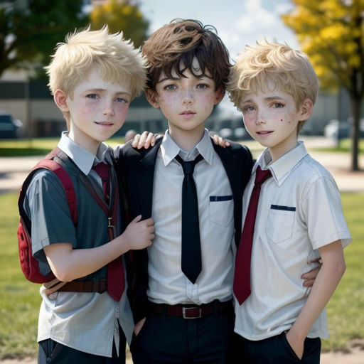 three young boys in school uniforms posing for a picture together in a park area with grass and trees in the background