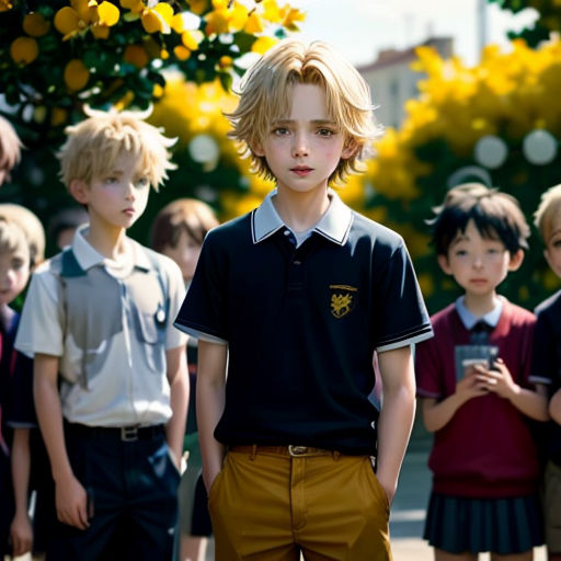a group of children standing next to each other in front of a tree and a building with yellow leaves