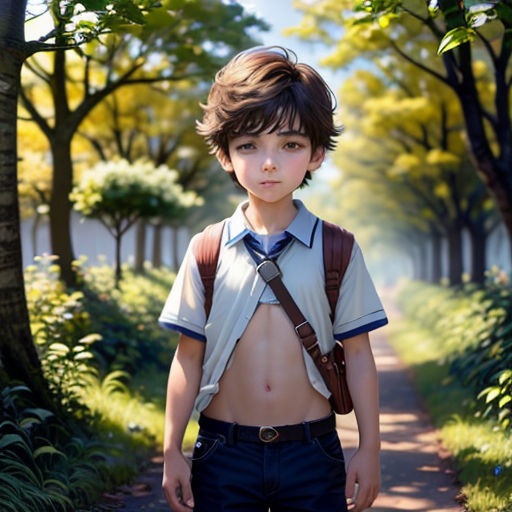a boy with a backpack and a shirt on standing in the middle of a road with trees and bushes