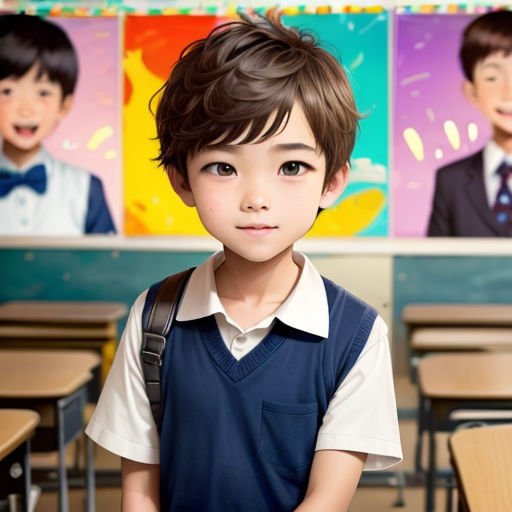 a young boy standing in front of a classroom with a painting of two children behind him and a school desk