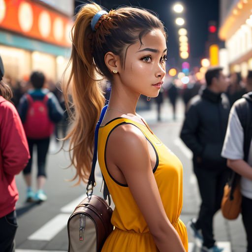 a woman with a ponytail standing on a street corner in a city at night with people walking around and a man in a red jacket