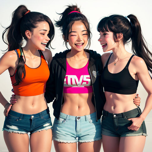 three young women standing next to each other smiling and laughing together, with one woman wearing a sports bra