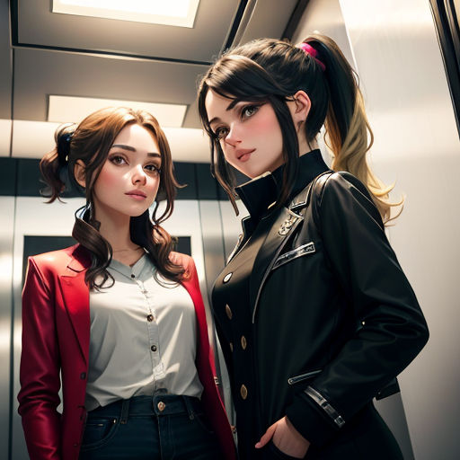 two women standing next to each other in a hallway with a door open and a light on above them